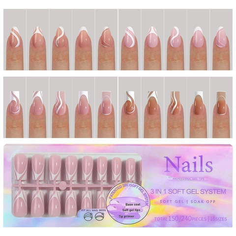 Unghie Finte French Press On Sistema Gel Morbido Forma Mandorla Senza Cuciture Rosa Nude Linee Bianche Rimovibile Lunga Durata Per Donne