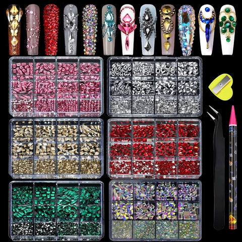 Nagelkunst Strasssteine Multi Grid Flache Rückseite Multi Form Glaskristall Dekorationen Mit Pinzette Und Punktierstift