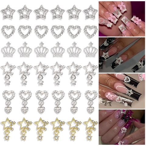 Nail Art Charms 3D Alloy Rhinestone Star Heart Crown Pendants DIY Manicure Decorations Sparkling Jewelry Accessories