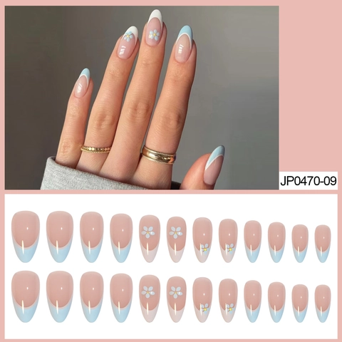 Press On Nails Almond Shape Nude Pink Light Blue French Tip Small Flower Design Glossy False Nails For Women