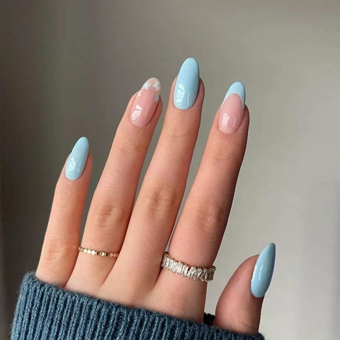 Franse Amandel Kunstnagels Blauw Wit Bloem Nude Roze Glanzend Kunstnagels Voor Vrouwen