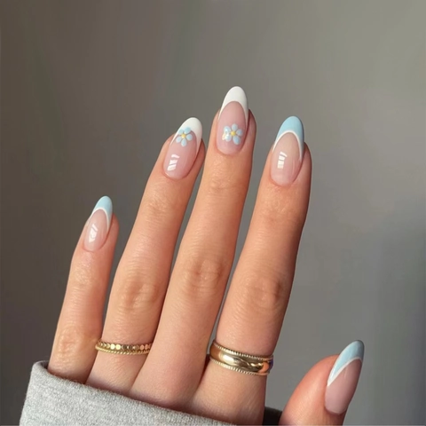 Press On Nails Almond Shape Nude Pink Light Blue French Tip Small Flower Design Glossy False Nails For Women