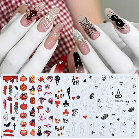Pegatinas Uñas Halloween 3D Relieve Calcomanías Auto Adhesivas Calabaza Cráneo Fantasma Decoraciones Fiesta Terror