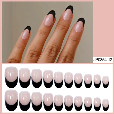 Französische Press On Nägel Nude Rosa Schwarze Spitze Mandelform Kurz Künstliche Nägel Für Frauen Mit Kleber