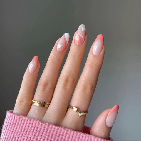 Press On Nails French Style Pink White Almond Shape Heart Pattern Wavy Lines Glossy Artificial Fingernails For Women