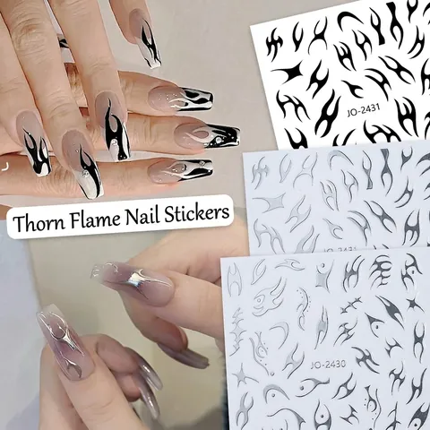 Nail Art Stickers Flame Thorn Tribal Pattern Metallic Gold Silver Mirror Effect Gothic Manicure DIY Decoration