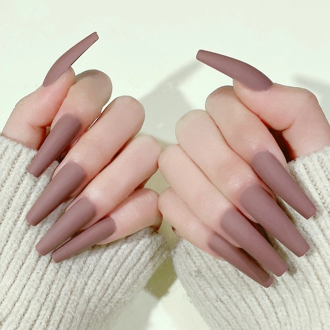 Uñas Postizas Largas Coffin Press On Mate Esmerilado Puntas De Uñas Artificiales Para Mujeres Color Morandi Elegante