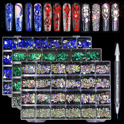Nail Art Rhinestones Glass Crystal Flatback Multi Shapes Manicure DIY With Dual Ended Dotting Pen Storage Box