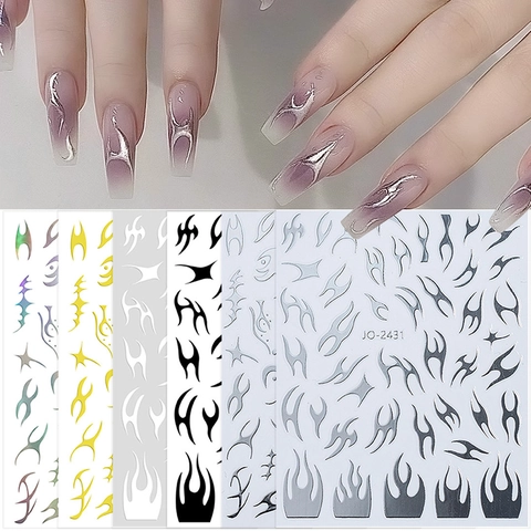 Nail Art Stickers Flame Thorn Tribal Pattern Metallic Gold Silver Mirror Effect Gothic Manicure DIY Decoration