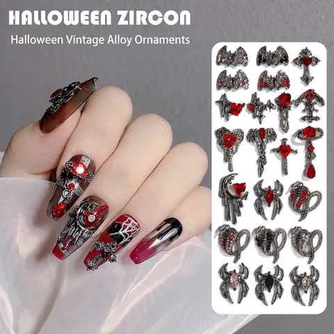Halloween Nail Art Charms Alloy Zircon Gothic Dark Bat Spider Cross Heart Moon Snake Retro Manicure DIY Decorations
