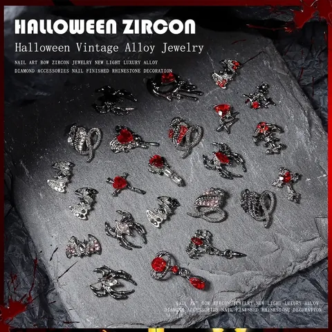 Halloween Nail Art Charms Alloy Zircon Gothic Dark Bat Spider Cross Heart Moon Snake Retro Manicure DIY Decorations