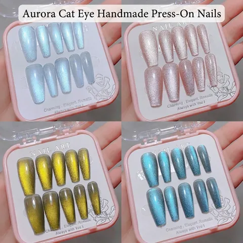 Handgemachte Katzenauge Press-on Nägel Verlauf Magnetisch Glitzer Lange Trapez Künstliche Nägel Mit Box Für Frauen