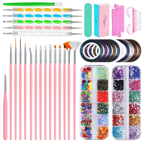 Professional Nail Art Tool Kit With Painting Brushes Dotting Pens Striping Tapes Buffers And Rhinestones For DIY Manicure