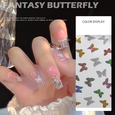 3D Butterfly Nail Art Stickers Reflective Glitter Laser Sparkling Decals DIY Manicure Decorations Multi Color Butterfly Charms