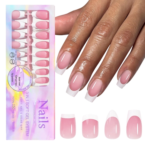 Press On Nails French Tip Soft Gel Drei In Einem System Soak Off Maniküre Für Frauen Elegant Natürlich