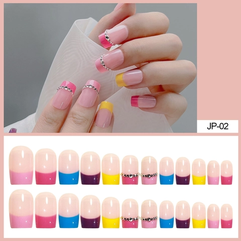 Press On Nails French Tip Colorful Fake Nails With Rhinestones Square Glossy Waterproof Manicure