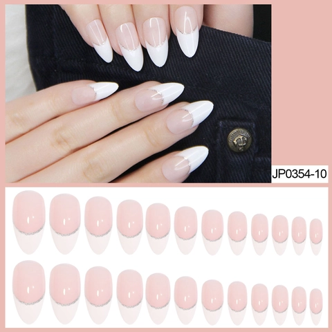 Unghie Finte A Pressione Forma A Mandorla French Tip Rosa Bianco Lucido Glitter Argento Manicure Elegante