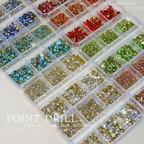 Pointed Back Nail Art Rhinestones Glass Crystal Mixed Sizes Manicure Decorations Professional DIY Beauty Tool In Multi Grid Case