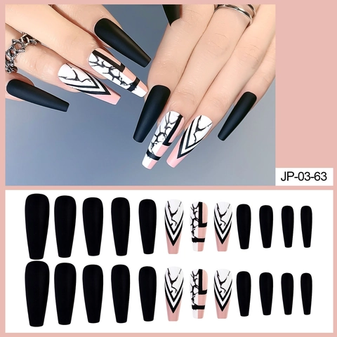 Faux Ongles Press On Coffin Mat Motif Marbre Noir Blanc Géométrique En V Pointes D'Ongles Artificiels Manucure