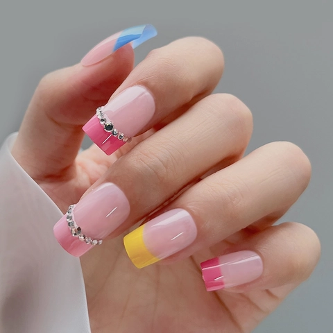 Press On Nails French Tip Colorful Fake Nails With Rhinestones Square Glossy Waterproof Manicure