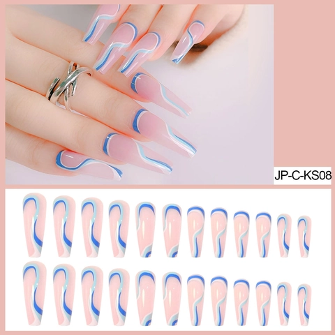 Long Coffin Press On Nails Blue Wavy Abstract Lines Pink Base DIY Manicure Fashionable Finger Art For Women