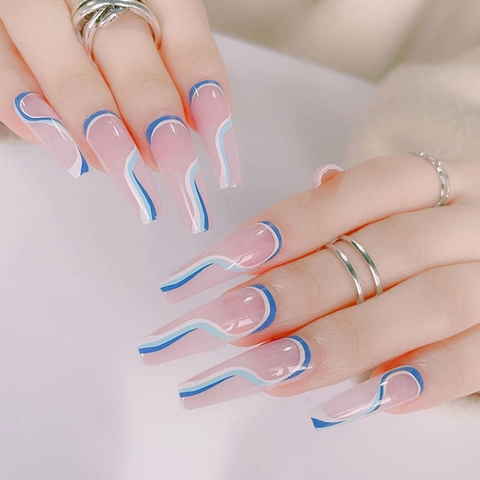 Long Coffin Press On Nails Blue Wavy Abstract Lines Pink Base DIY Manicure Fashionable Finger Art For Women