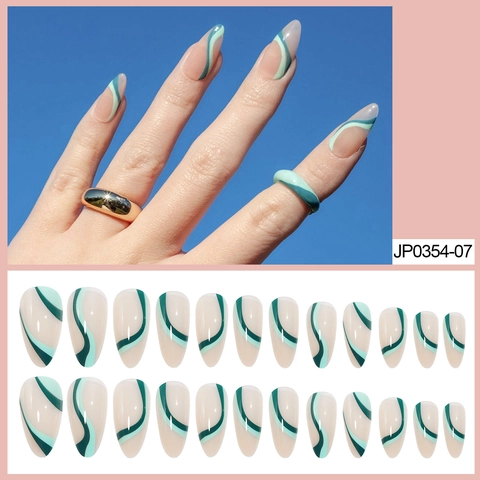 Unghie Finte Lunghe A Mandorla Con Motivo A Onde Verdi Stiletto Copertura Completa Per Donne