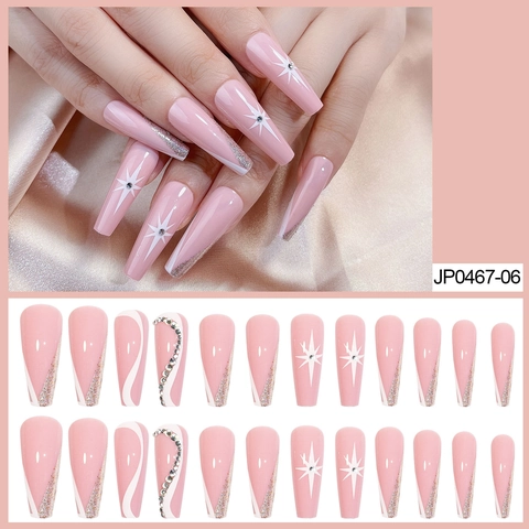 Unghie Finte Lunghe Coffin Press On Rosa Glitter Motivo Stella Strass Per Donne