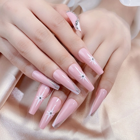 Unghie Finte Lunghe Coffin Press On Rosa Glitter Motivo Stella Strass Per Donne