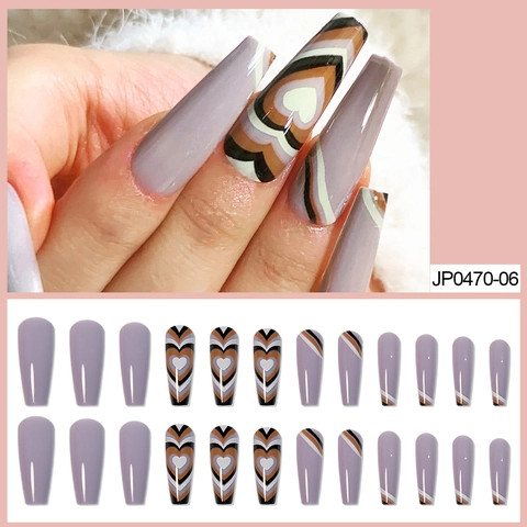 Long Coffin Press On Nagels Hartpatroon Golfontwerp Paars Bruin Kleurblok Glanzende Kunstnagels Draagbare Nagelkunst Decoratie