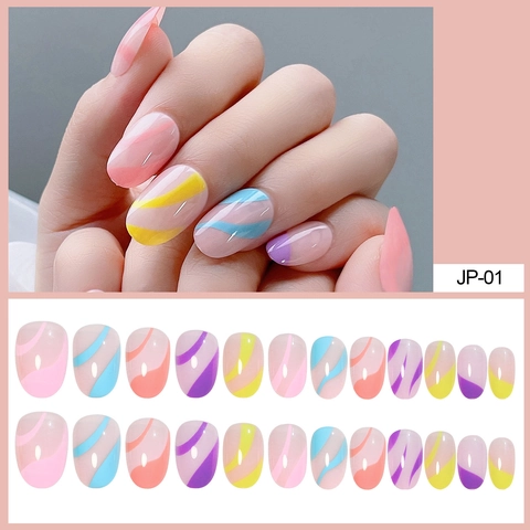 Unghie Finte Ovali Cuore Giallo Motivo A Onde Multicolore Moda Colorata Unghie Artificiali Per Donna