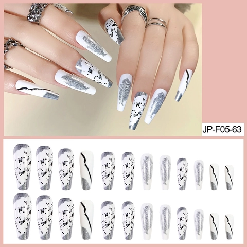 Press On Nails Lange Coffin Ballerina Form Weiß Silber Glitzer Schwarz Tinte Spritzer Minimalistische Schicke Kunstnägel