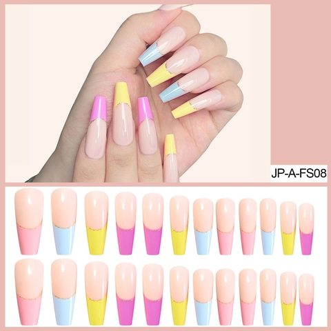 Unghie Finte Lunghe Coffin Press On Francese Multicolore Linee Glitter Oro Trapezio Per Donna Manicure Fai Da Te