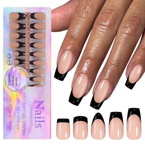 Νύχια Press On French Tip Soft Gel Μαύρη Άκρη Nude Βάση Σύστημα Μανικιούρ DIY Μεγάλης Διάρκειας Για Γυναίκες
