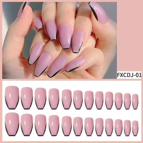 Ψεύτικα Νύχια Coffin French Tip Γυαλιστερά Μαύρο Περίγραμμα Nude Pink Τεχνητά Νύχια Με Αυτοκόλλητη Ταινία Και Λίμα