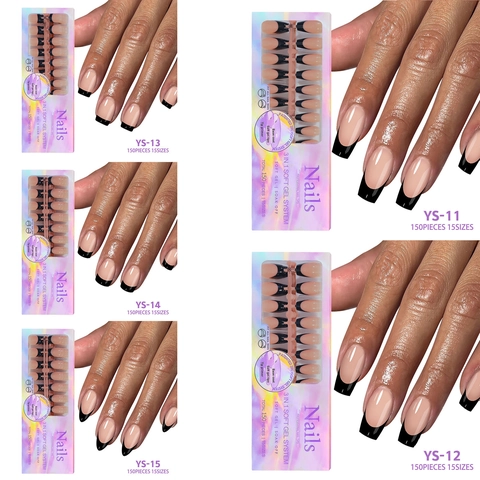 Νύχια Press On French Tip Soft Gel Μαύρη Άκρη Nude Βάση Σύστημα Μανικιούρ DIY Μεγάλης Διάρκειας Για Γυναίκες