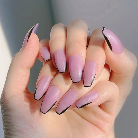 Ψεύτικα Νύχια Coffin French Tip Γυαλιστερά Μαύρο Περίγραμμα Nude Pink Τεχνητά Νύχια Με Αυτοκόλλητη Ταινία Και Λίμα