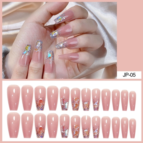 Long Coffin Press On Nails Nude Pink Artificial False Nails With Rhinestone And Glitter Gradient For Women Manicure