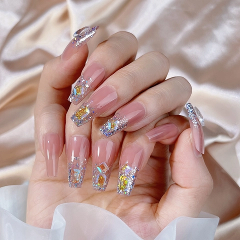 Long Coffin Press On Nails Nude Pink Artificial False Nails With Rhinestone And Glitter Gradient For Women Manicure