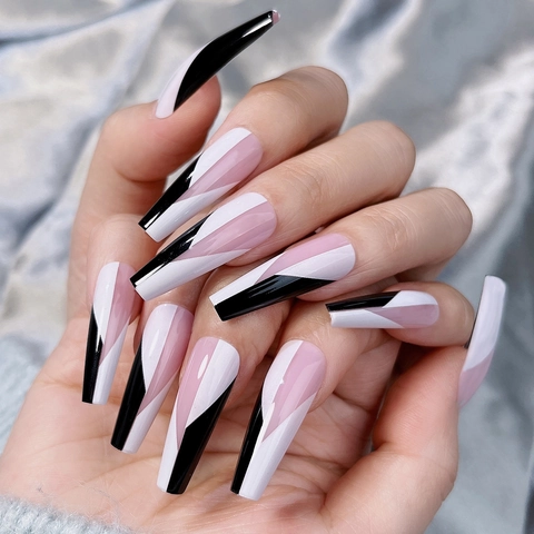 Press On Nails Long Coffin Shape Glossy ABS Plastic Geometric Pink White Black Color Block Artificial Finger Nails