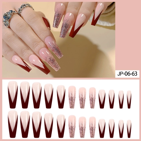 Faux Ongles Longs Coffin French V-Shape Bourgogne Rouge Vin Nude Rose Paillettes Dégradé Brillants Artificiels