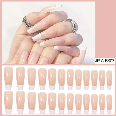 Uñas Postizas Press On French Tip Forma De Ataúd Larga Puntas De Uñas Brillantes Rosa Nude Con Pegamento De Gelatina Y Mini Lima