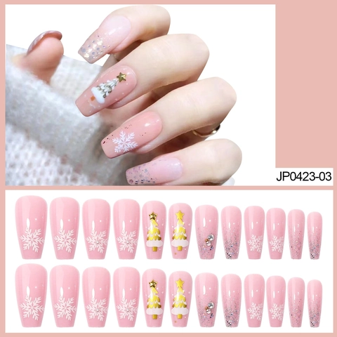 Kerst Plaknagels Roze Glanzend Sneeuwvlok Gouden Boom 3D Glitter Steentjes Lange Ballerina Kunstnagels