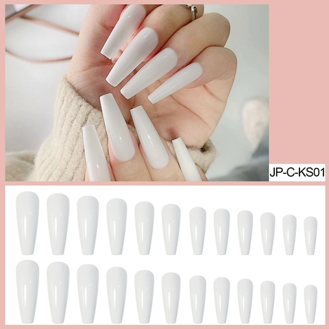 Extra Long Coffin Press On Nails Solid White Glossy ABS False Nail Tips For Women Ballerina Shape Wearable Manicure