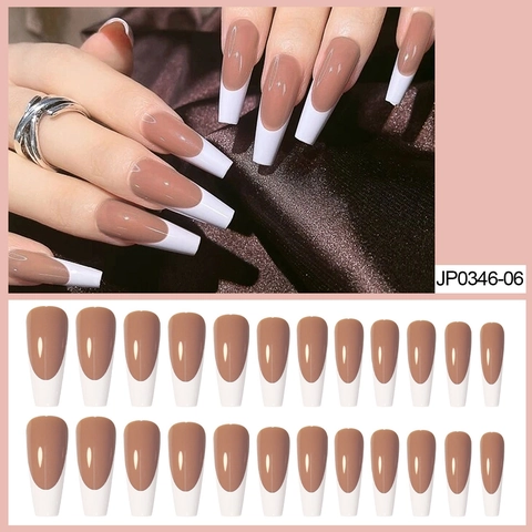Unghie Finte Press On French Punta Bianca Lunga Forma Di Bara Nude Marrone Resina Lucida Manicure Per Donne