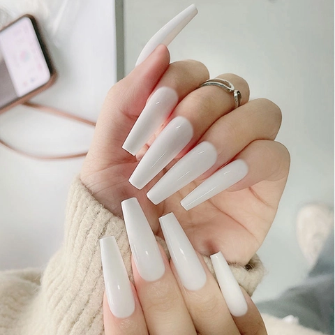 Extra Long Coffin Press On Nails Solid White Glossy ABS False Nail Tips For Women Ballerina Shape Wearable Manicure