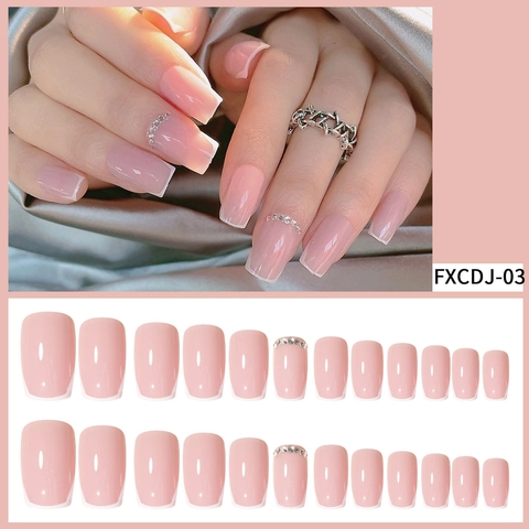Unghie Finte Press On French Tip Quadrate Rosa Nudo Con Decorazione In Strass Manicure DIY Rimovibile Per Donne Moda Elegante