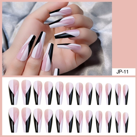 Press On Nails Long Coffin Shape Glossy ABS Plastic Geometric Pink White Black Color Block Artificial Finger Nails