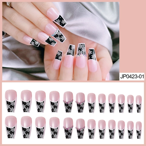 Uñas Postizas Press On Coffin Largas Navidad Copo De Nieve Francesa Rosa Negro Con Diamantes De Imitación Brillantes