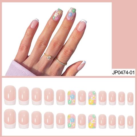 French Tip Press On Nails Pink White With Colorful Flower Patterns Square Round Artificial Fake Nails